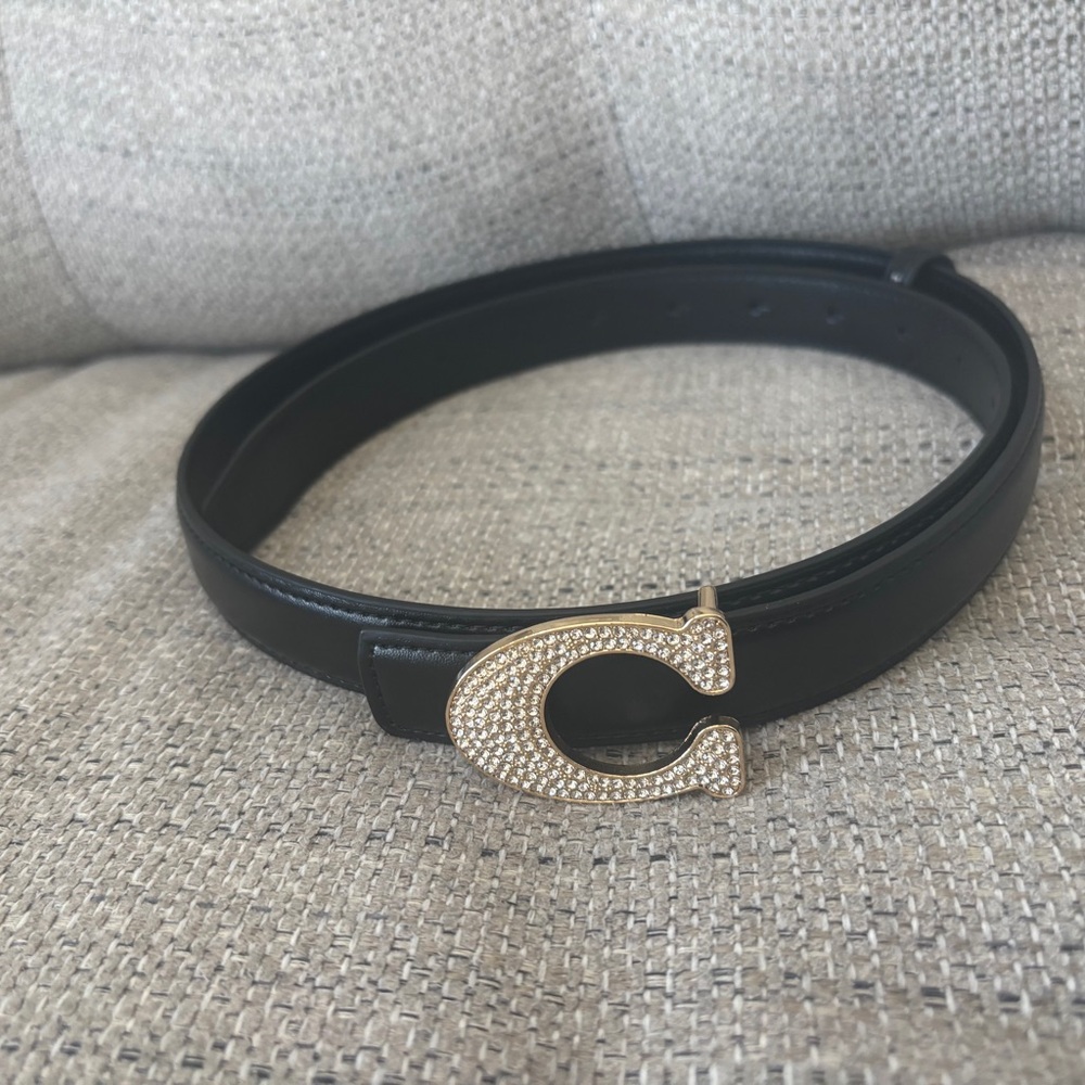 Black Leather Belt with Rhinestone 'C' Buckle - Picture 2 of 2